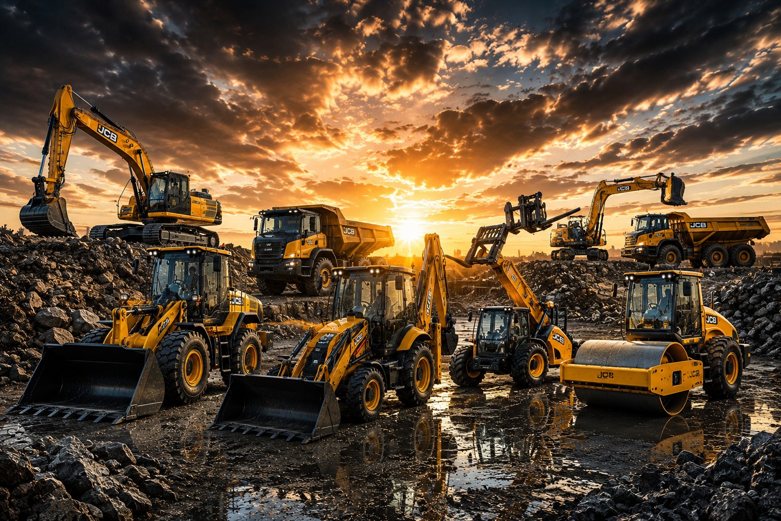 Eye2Eye Plant and Tool Hire fleet at a construction site during golden sunset
